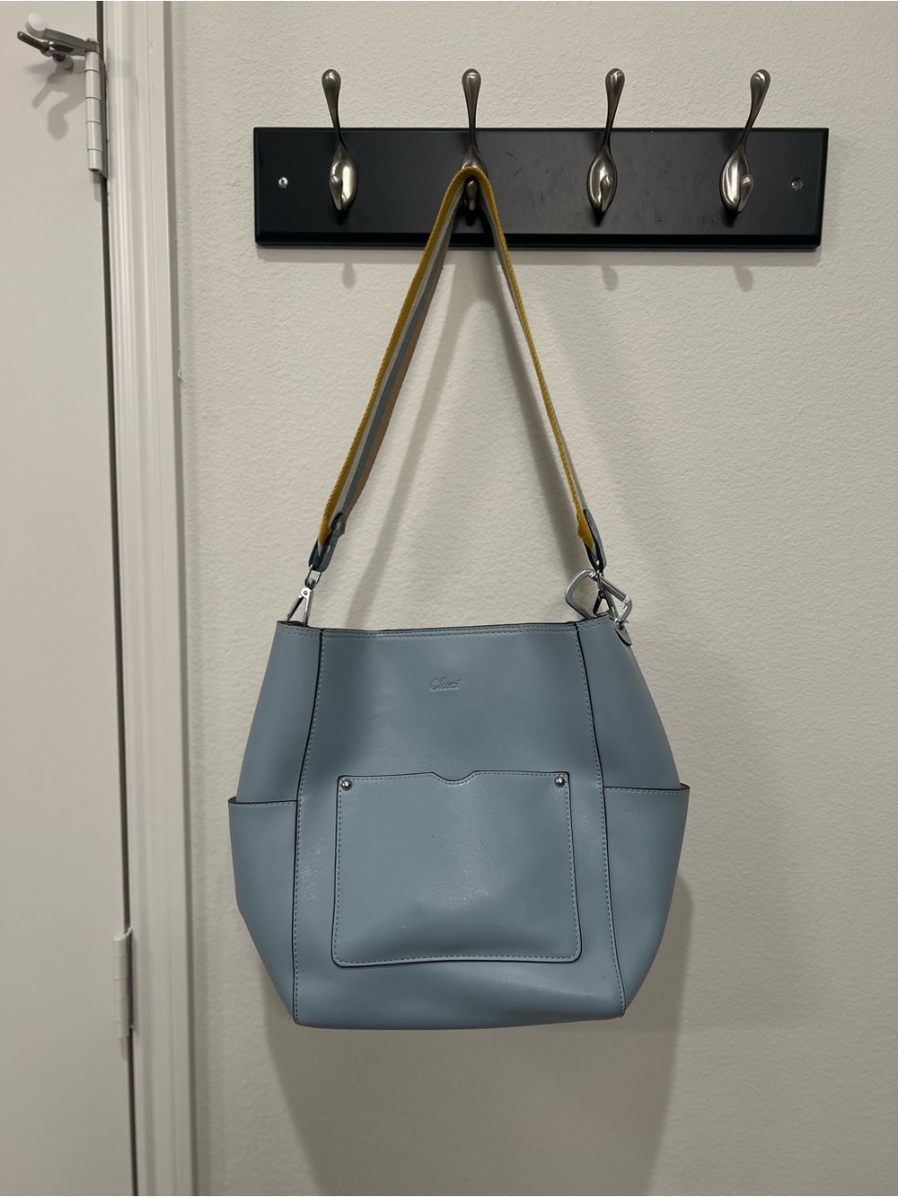 Soft Blue Leather Shoulder Bag with Contrast Strap